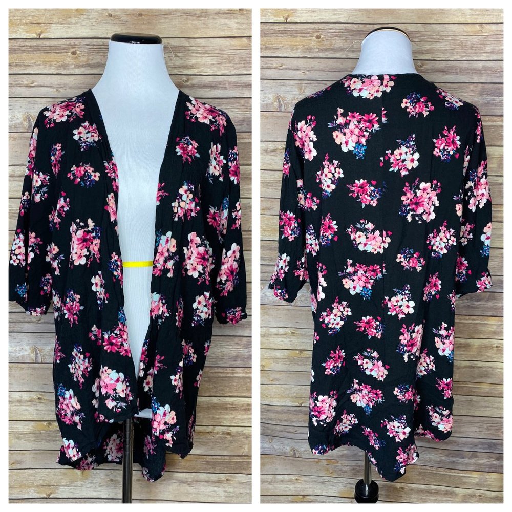 Lularoe Black & Pink Floral Roses Lindsey Kimono